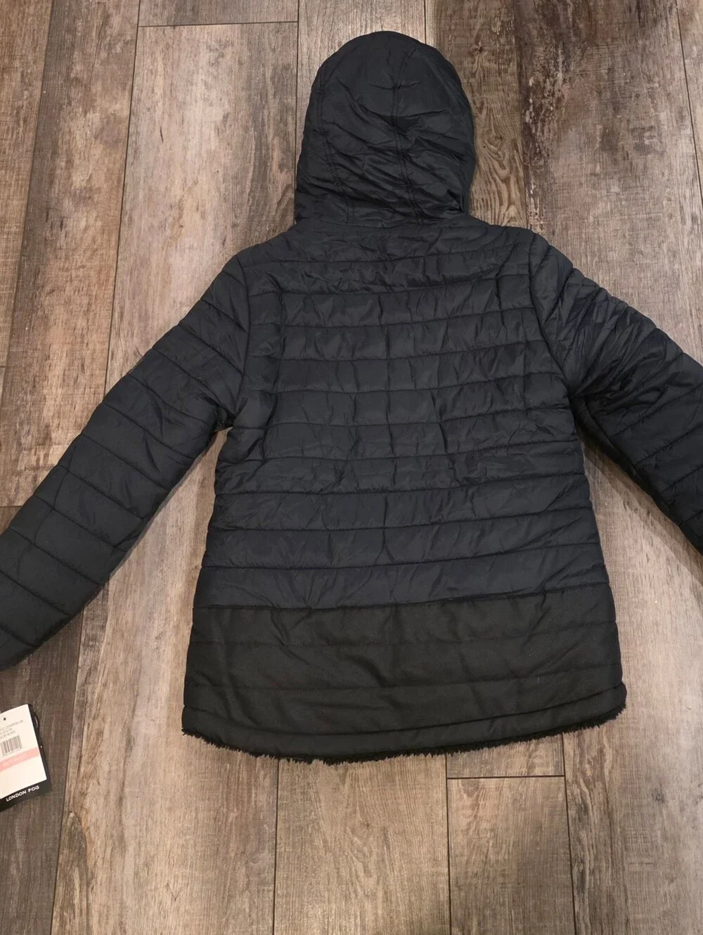 London Fog Kids Reversible Hooded Puffer Jacket Black Sherpa Youth M 10/12 NWT